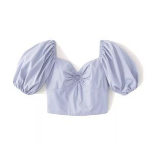 Abercrombie&Fitch Cotton Blend Puff Sleeve Keyhole Cropped Blouse Blue Small